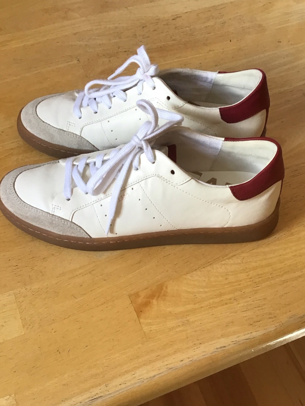 Sam Edelman Cream Leather Sneakers with Gray Suede and Burgundy Heel accents - Picture 2 of 6